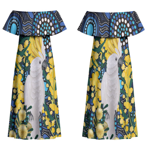 Australia Golden Wattle Family Matching Off Shoulder Maxi Dress and Hawaiian Shirt Aussie Cockatoo Aboriginal Art