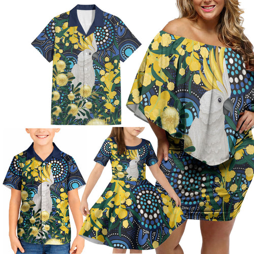 Australia Golden Wattle Family Matching Off Shoulder Short Dress and Hawaiian Shirt Aussie Cockatoo Aboriginal Art