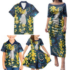 Australia Golden Wattle Family Matching Puletasi and Hawaiian Shirt Aussie Cockatoo Aboriginal Art