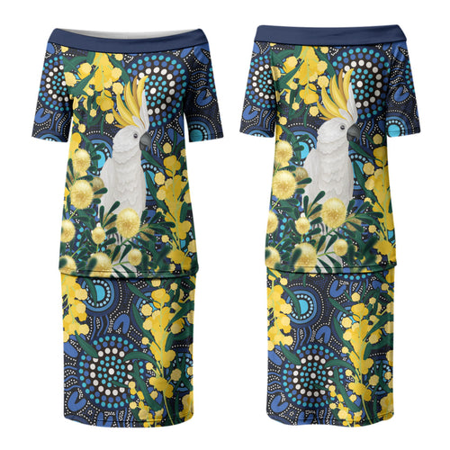 Australia Golden Wattle Family Matching Puletasi and Hawaiian Shirt Aussie Cockatoo Aboriginal Art