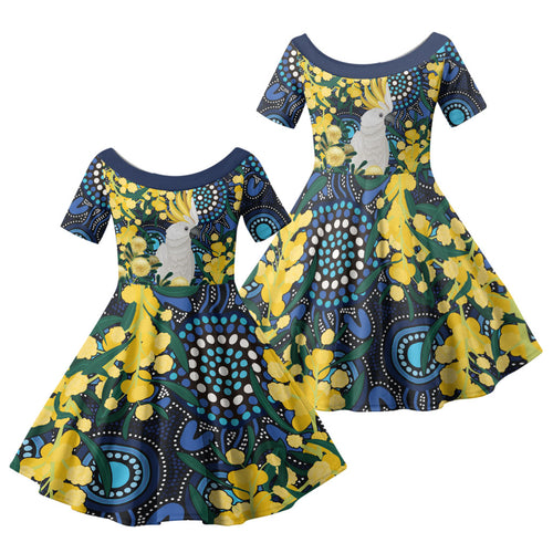 Australia Golden Wattle Family Matching Puletasi and Hawaiian Shirt Aussie Cockatoo Aboriginal Art