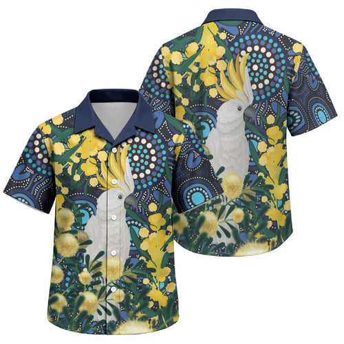 Australia Golden Wattle Family Matching Puletasi and Hawaiian Shirt Aussie Cockatoo Aboriginal Art