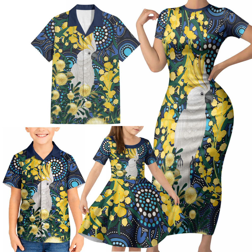 Australia Golden Wattle Family Matching Short Sleeve Bodycon Dress and Hawaiian Shirt Aussie Cockatoo Aboriginal Art