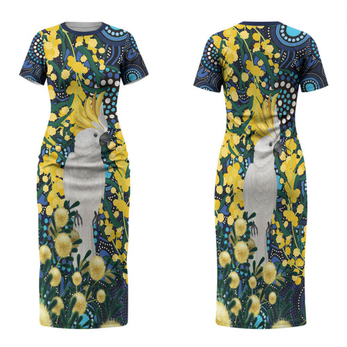 Australia Golden Wattle Family Matching Short Sleeve Bodycon Dress and Hawaiian Shirt Aussie Cockatoo Aboriginal Art