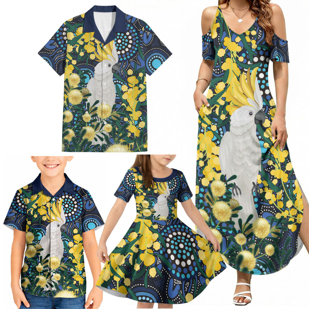 Australia Golden Wattle Family Matching Summer Maxi Dress and Hawaiian Shirt Aussie Cockatoo Aboriginal Art