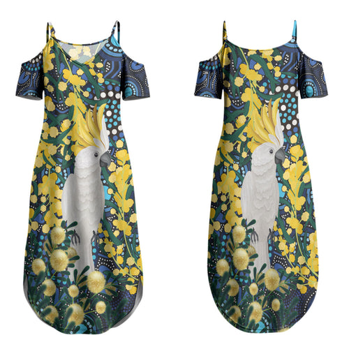 Australia Golden Wattle Family Matching Summer Maxi Dress and Hawaiian Shirt Aussie Cockatoo Aboriginal Art