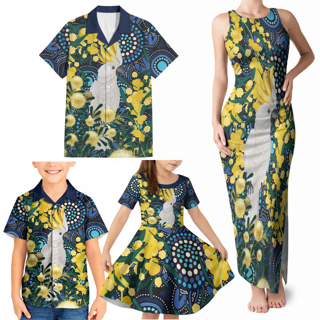 Australia Golden Wattle Family Matching Tank Maxi Dress and Hawaiian Shirt Aussie Cockatoo Aboriginal Art