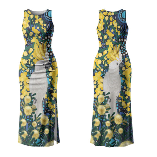 Australia Golden Wattle Family Matching Tank Maxi Dress and Hawaiian Shirt Aussie Cockatoo Aboriginal Art