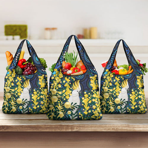 Australia Golden Wattle Grocery Bag Aussie Cockatoo Aboriginal Art