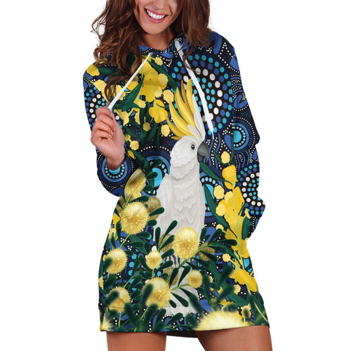 Australia Golden Wattle Hoodie Dress Aussie Cockatoo Aboriginal Art