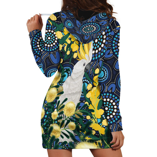 Australia Golden Wattle Hoodie Dress Aussie Cockatoo Aboriginal Art