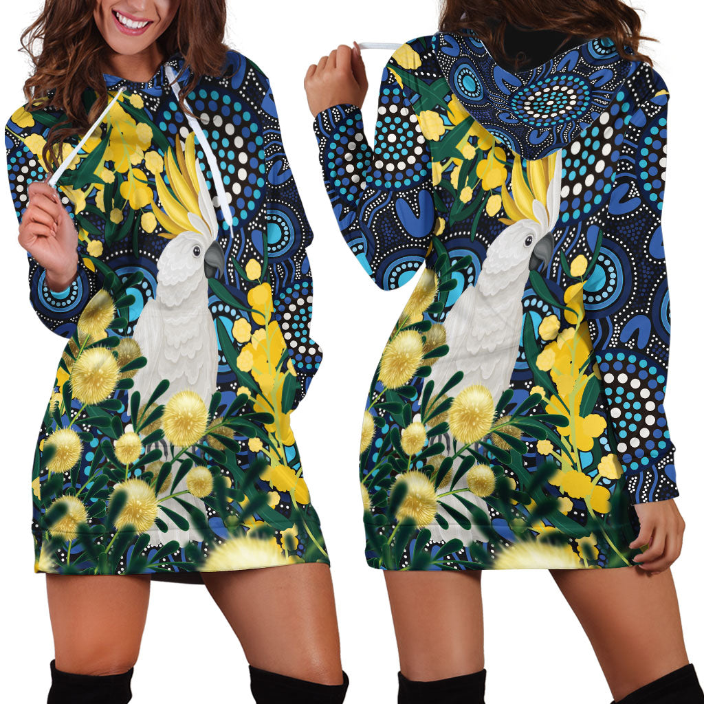 Australia Golden Wattle Hoodie Dress Aussie Cockatoo Aboriginal Art