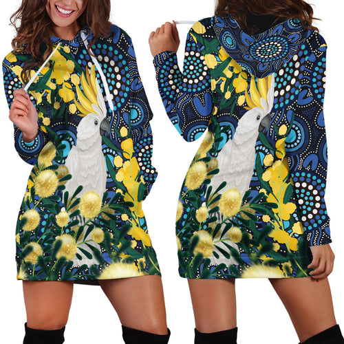 Australia Golden Wattle Hoodie Dress Aussie Cockatoo Aboriginal Art