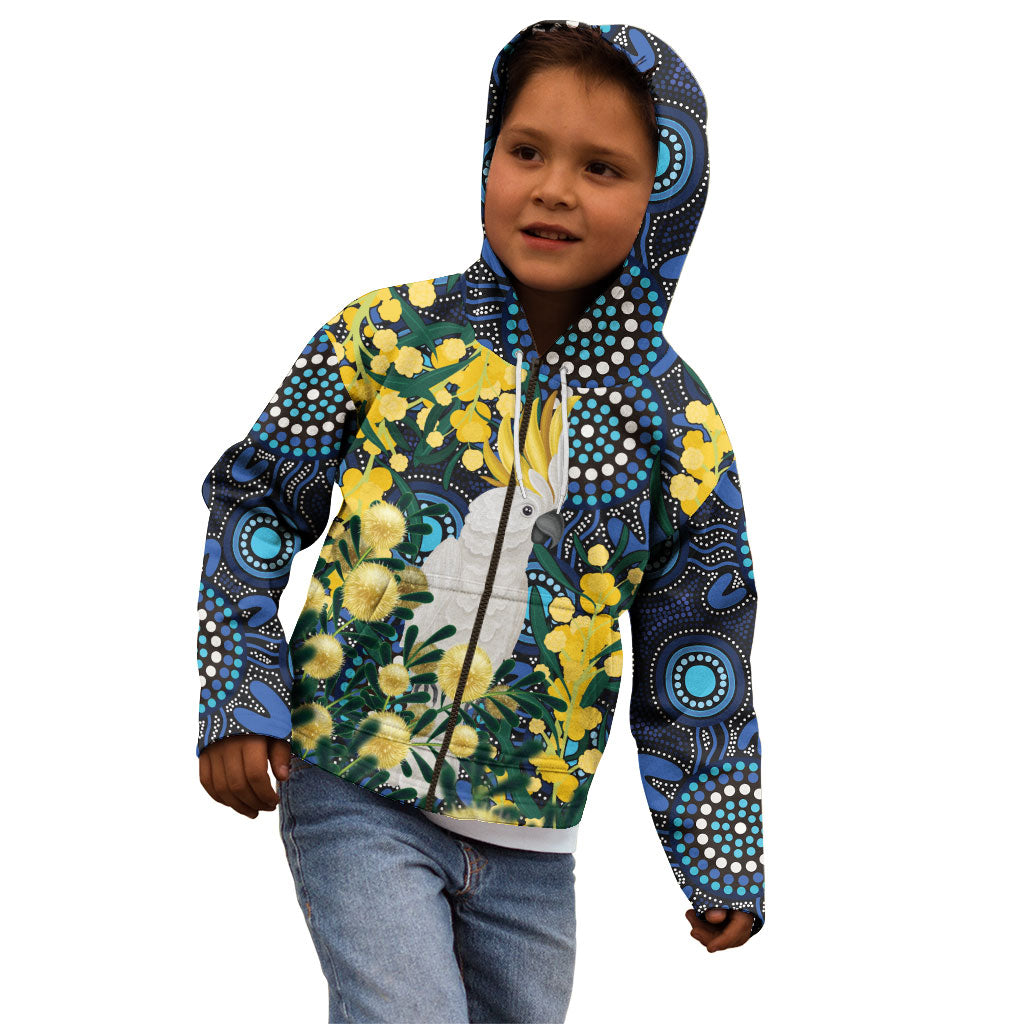 Australia Golden Wattle Kid Hoodie Aussie Cockatoo Aboriginal Art