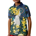 Australia Golden Wattle Kid Polo Shirt Aussie Cockatoo Aboriginal Art