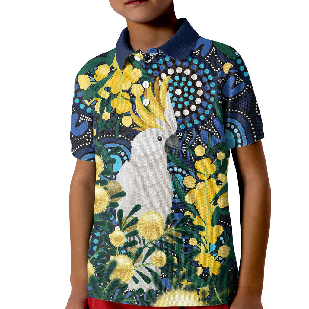 Australia Golden Wattle Kid Polo Shirt Aussie Cockatoo Aboriginal Art
