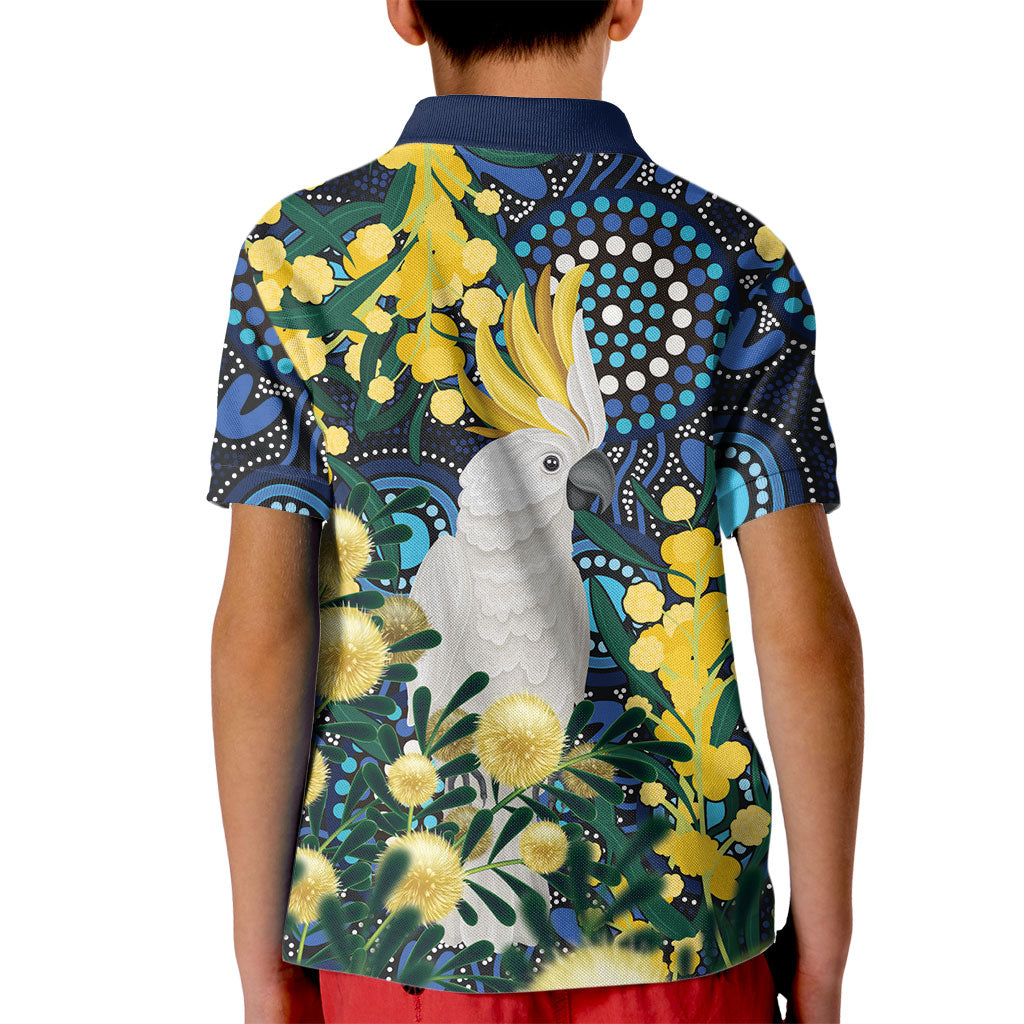 Australia Golden Wattle Kid Polo Shirt Aussie Cockatoo Aboriginal Art