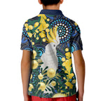 Australia Golden Wattle Kid Polo Shirt Aussie Cockatoo Aboriginal Art