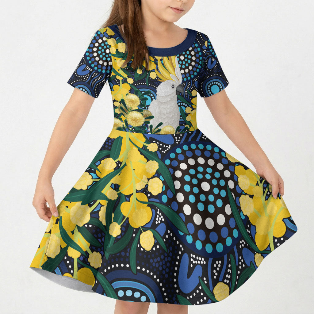 Australia Golden Wattle Kid Short Sleeve Dress Aussie Cockatoo Aboriginal Art