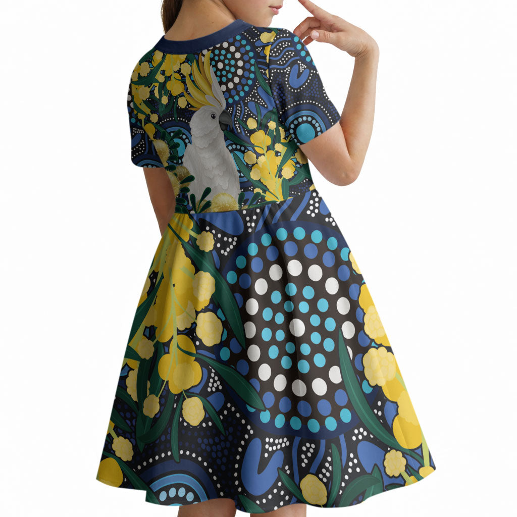 Australia Golden Wattle Kid Short Sleeve Dress Aussie Cockatoo Aboriginal Art