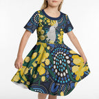 Australia Golden Wattle Kid Short Sleeve Dress Aussie Cockatoo Aboriginal Art