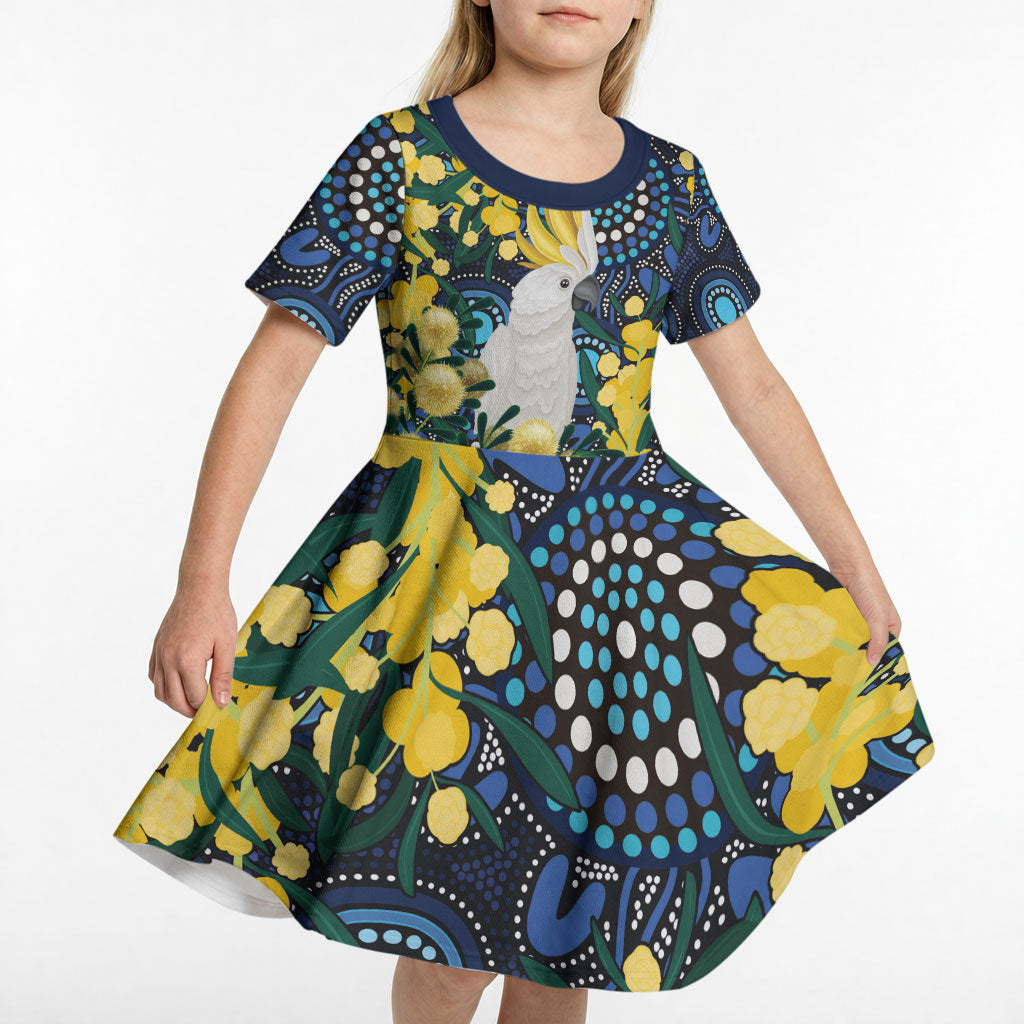 Australia Golden Wattle Kid Short Sleeve Dress Aussie Cockatoo Aboriginal Art
