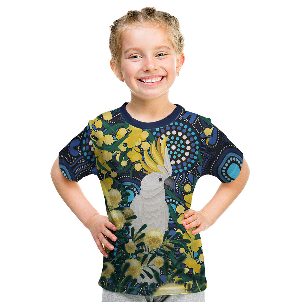 Australia Golden Wattle Kid T Shirt Aussie Cockatoo Aboriginal Art