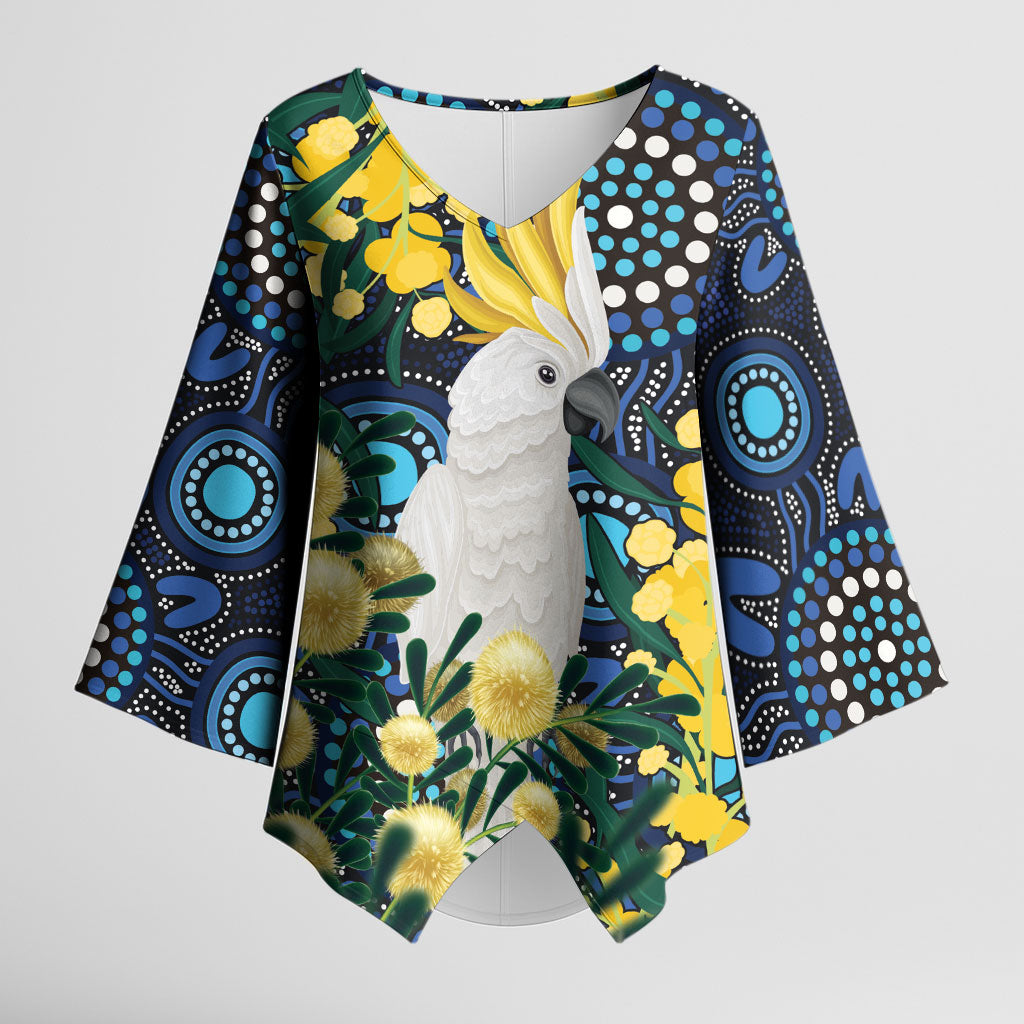 Australia Golden Wattle Kimono Sleeve Blouse Aussie Cockatoo Aboriginal Art