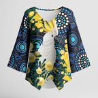 Australia Golden Wattle Kimono Sleeve Blouse Aussie Cockatoo Aboriginal Art