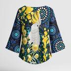 Australia Golden Wattle Kimono Sleeve Blouse Aussie Cockatoo Aboriginal Art
