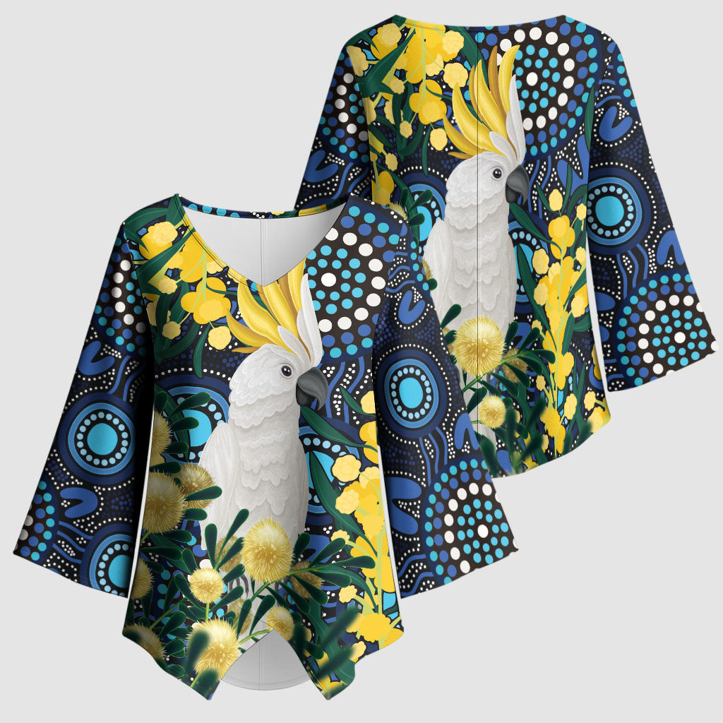Australia Golden Wattle Kimono Sleeve Blouse Aussie Cockatoo Aboriginal Art