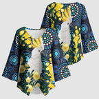 Australia Golden Wattle Kimono Sleeve Blouse Aussie Cockatoo Aboriginal Art