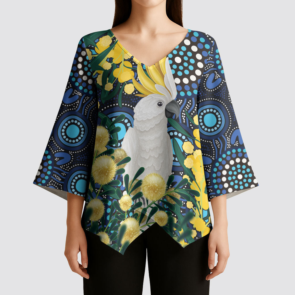 Australia Golden Wattle Kimono Sleeve Blouse Aussie Cockatoo Aboriginal Art