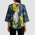 Australia Golden Wattle Kimono Sleeve Blouse Aussie Cockatoo Aboriginal Art