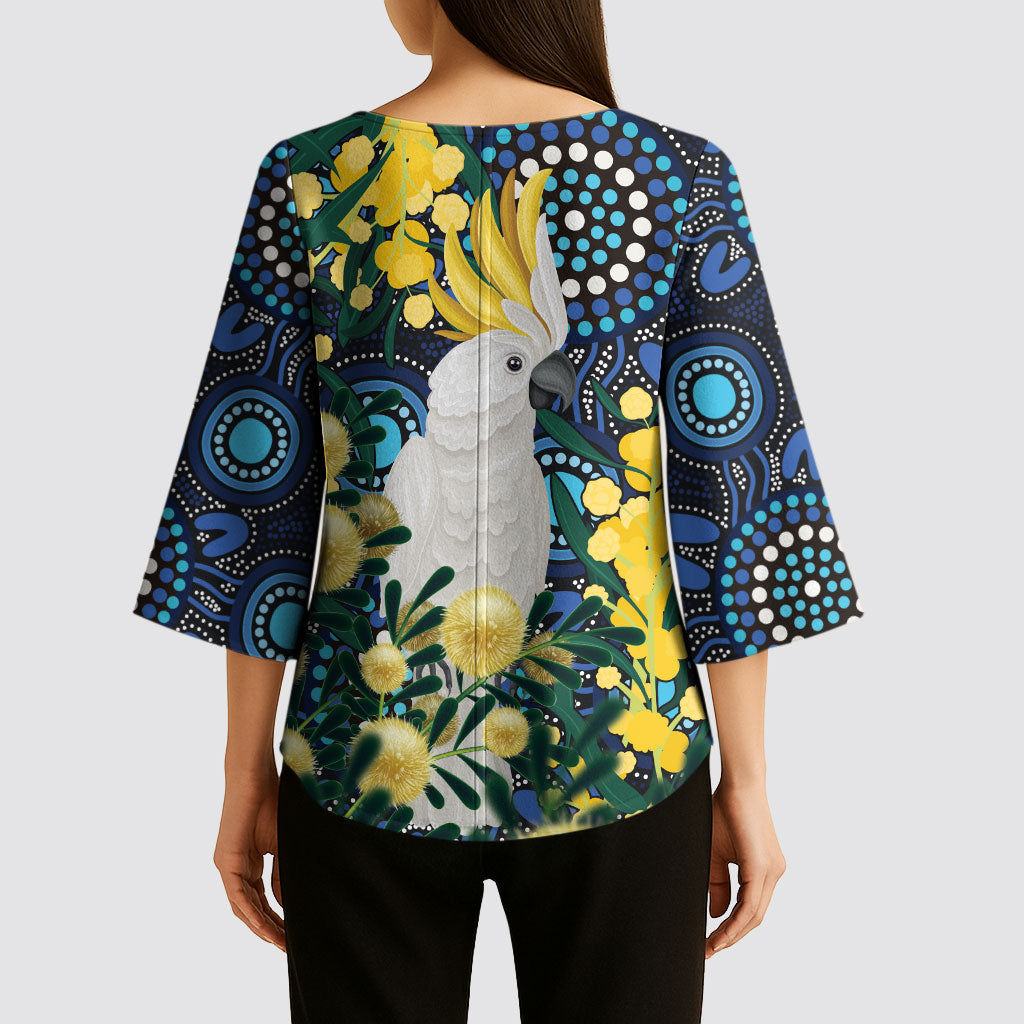Australia Golden Wattle Kimono Sleeve Blouse Aussie Cockatoo Aboriginal Art
