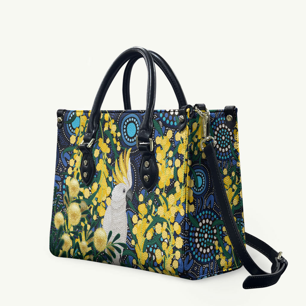 Australia Golden Wattle Leather Bag Aussie Cockatoo Aboriginal Art