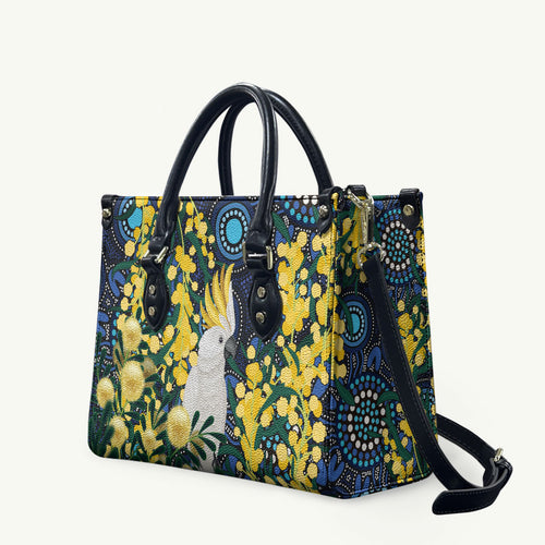 Australia Golden Wattle Leather Bag Aussie Cockatoo Aboriginal Art