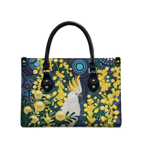 Australia Golden Wattle Leather Bag Aussie Cockatoo Aboriginal Art