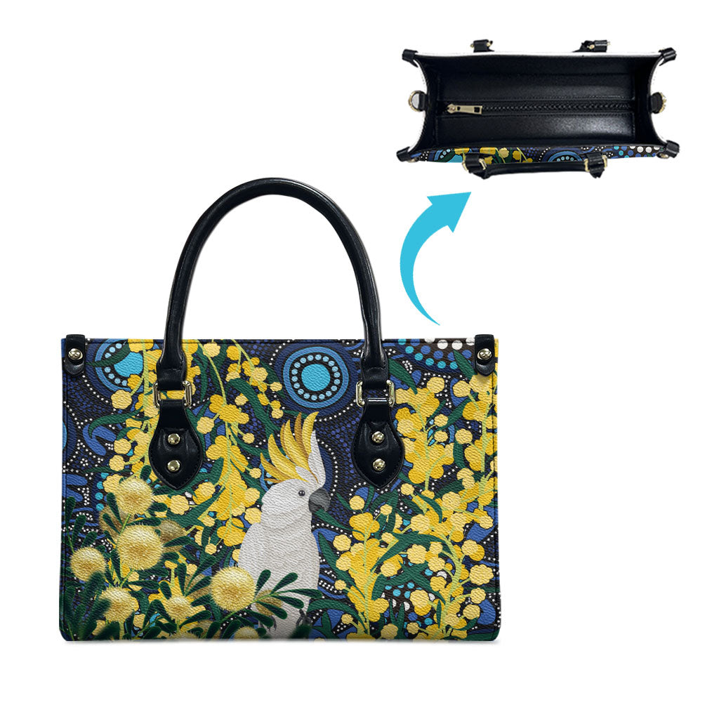 Australia Golden Wattle Leather Bag Aussie Cockatoo Aboriginal Art