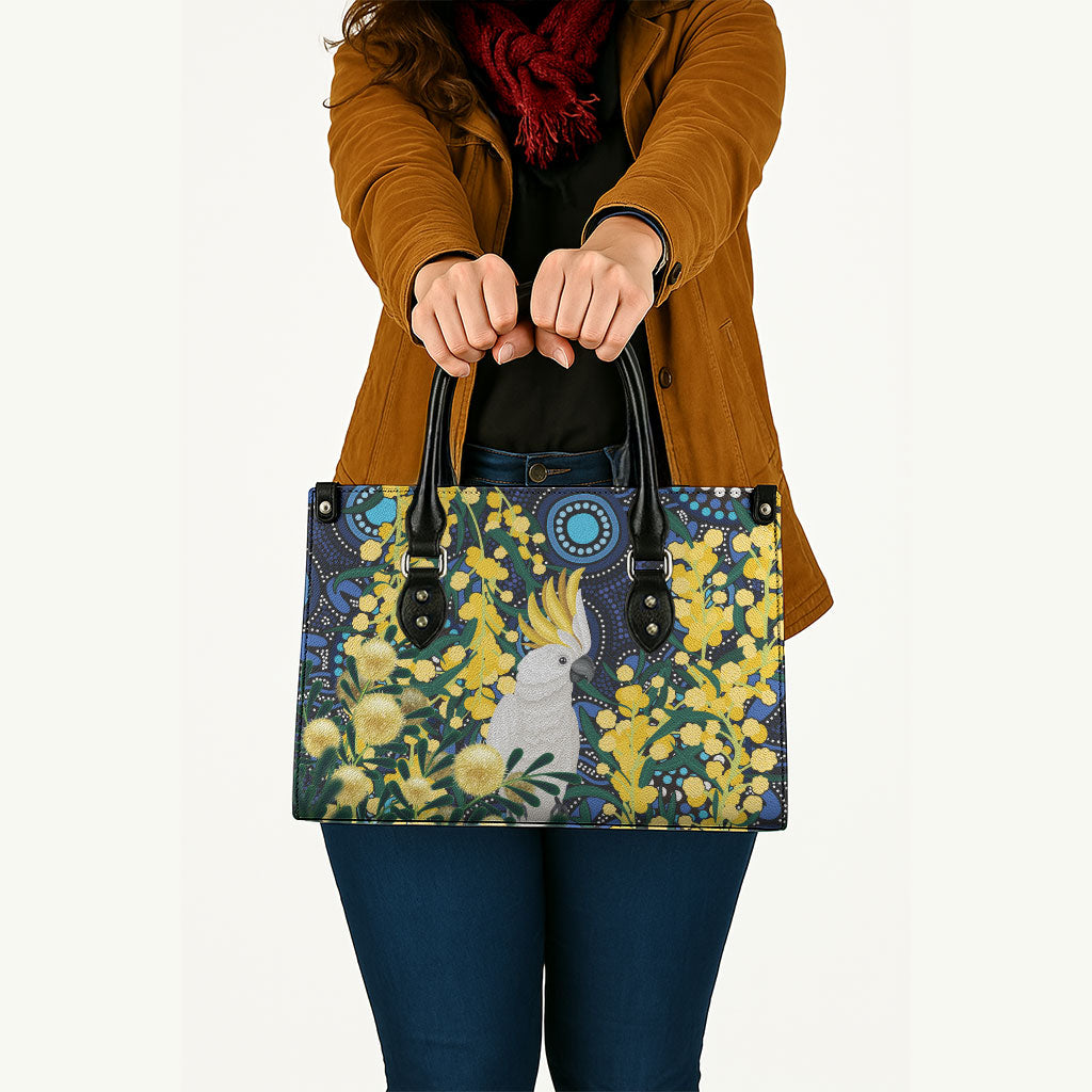 Australia Golden Wattle Leather Bag Aussie Cockatoo Aboriginal Art