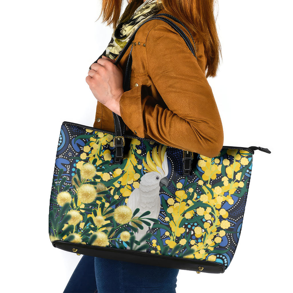 Australia Golden Wattle Leather Tote Bag Aussie Cockatoo Aboriginal Art