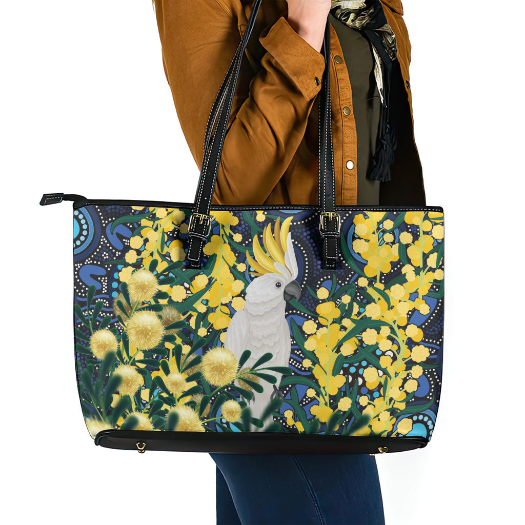 Australia Golden Wattle Leather Tote Bag Aussie Cockatoo Aboriginal Art