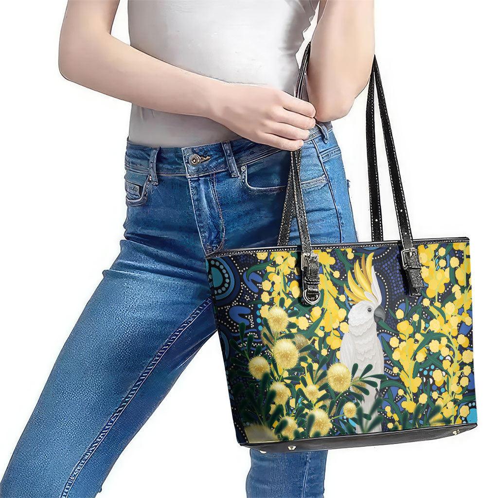Australia Golden Wattle Leather Tote Bag Aussie Cockatoo Aboriginal Art