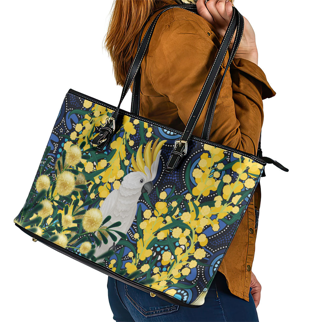 Australia Golden Wattle Leather Tote Bag Aussie Cockatoo Aboriginal Art