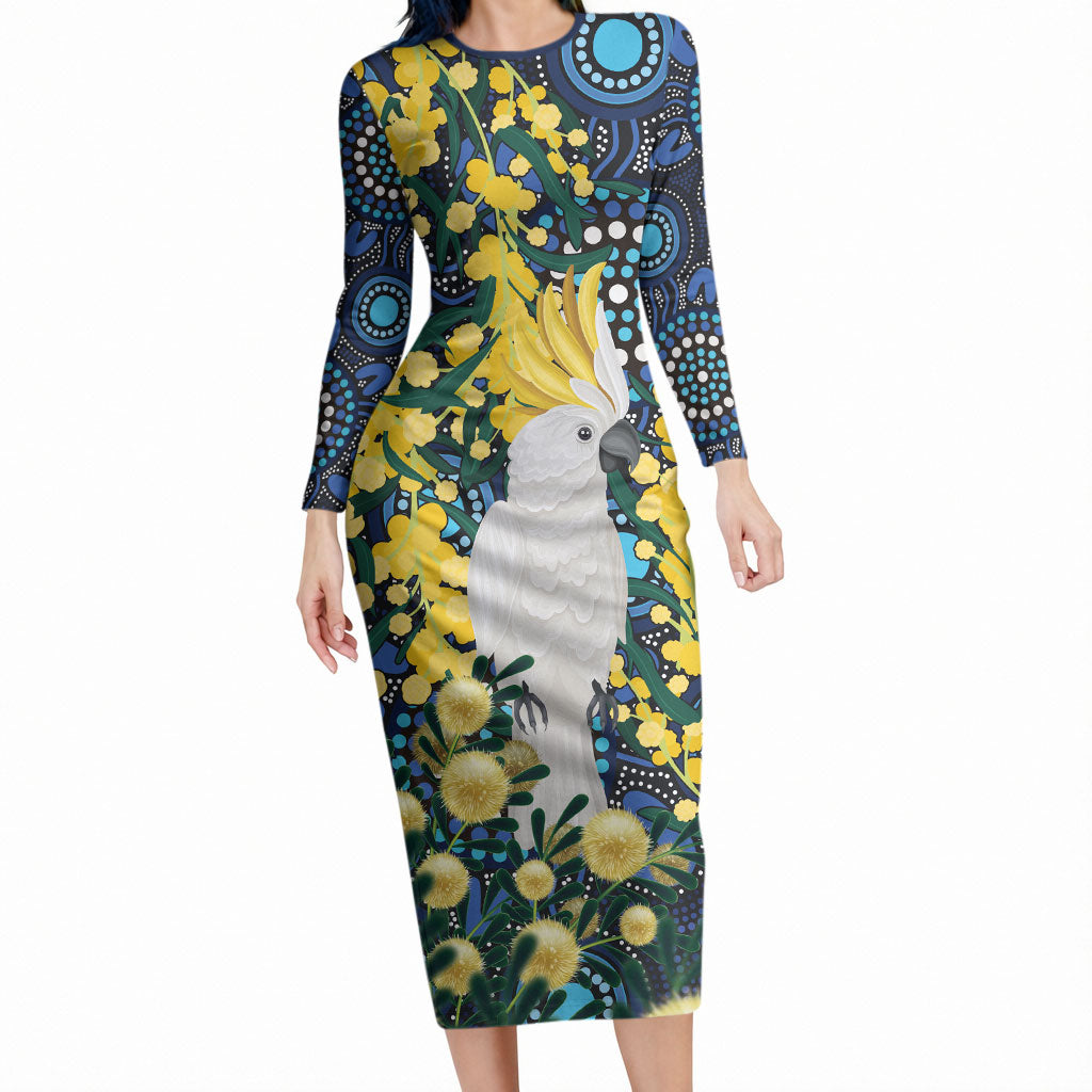 Australia Golden Wattle Long Sleeve Bodycon Dress Aussie Cockatoo Aboriginal Art