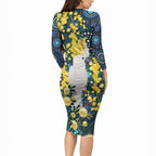 Australia Golden Wattle Long Sleeve Bodycon Dress Aussie Cockatoo Aboriginal Art
