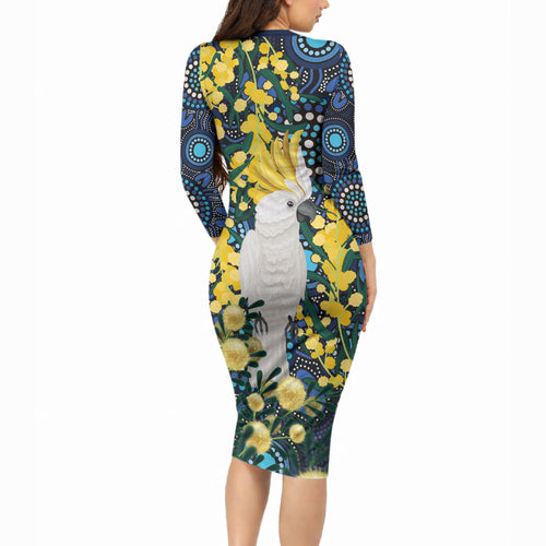 Australia Golden Wattle Long Sleeve Bodycon Dress Aussie Cockatoo Aboriginal Art