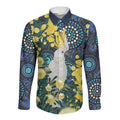 Australia Golden Wattle Long Sleeve Button Shirt Aussie Cockatoo Aboriginal Art