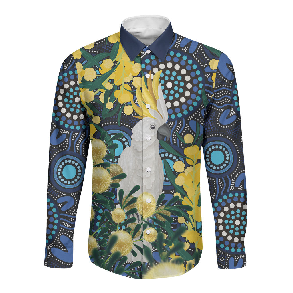 Australia Golden Wattle Long Sleeve Button Shirt Aussie Cockatoo Aboriginal Art