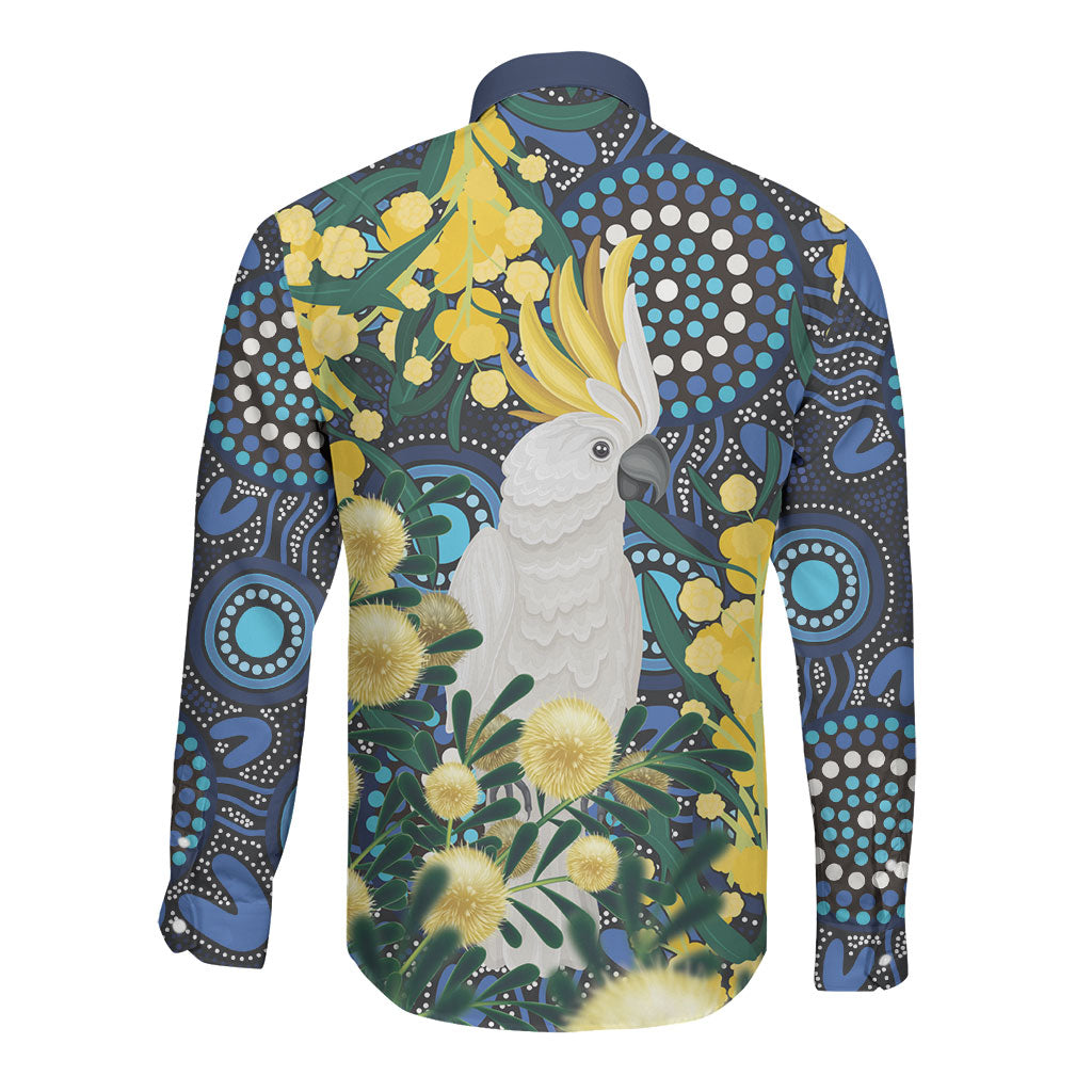 Australia Golden Wattle Long Sleeve Button Shirt Aussie Cockatoo Aboriginal Art